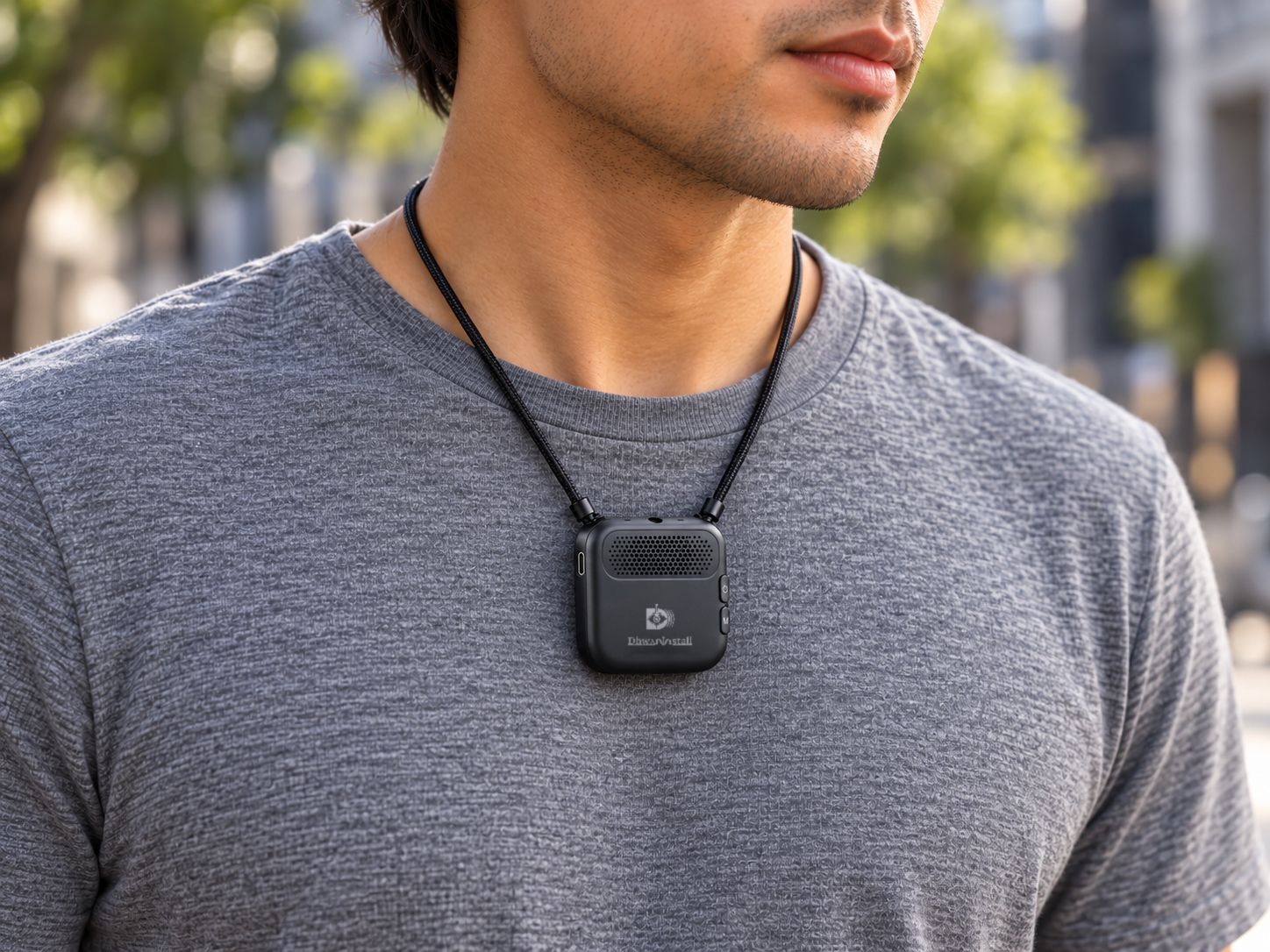 A person wearing the Dhwaninstall pendant concept on a cord around the neck.